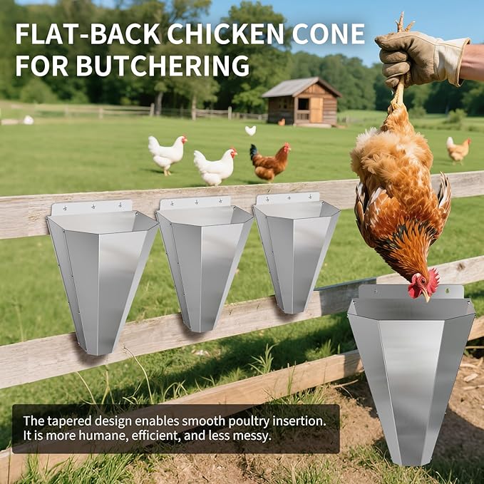 Large Chicken Cone for Butchering 3 Pack, Stainless Steel Kill Cones with 2 Pairs of Safety Gloves, Flat-Back Design, for Killing Chickens, Ducks, Turkeys & Poultry up to 18 lbs (Silver)