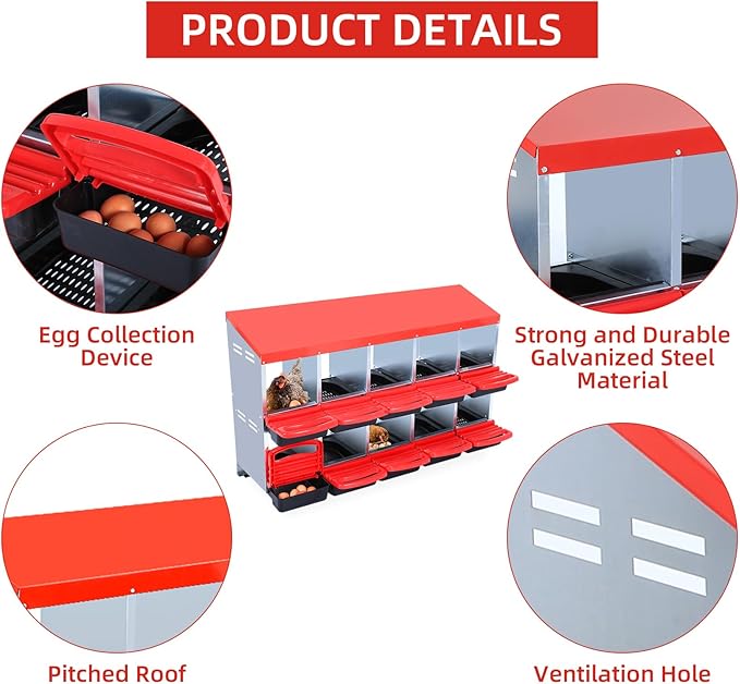 GarveeHome 2-Tier Chicken Nesting Box, 10 Compartment Metal Chicken Laying Boxes with Waterproof Roof ＆ Removable Trays for Hens, Poultry，Easy Egg Collection