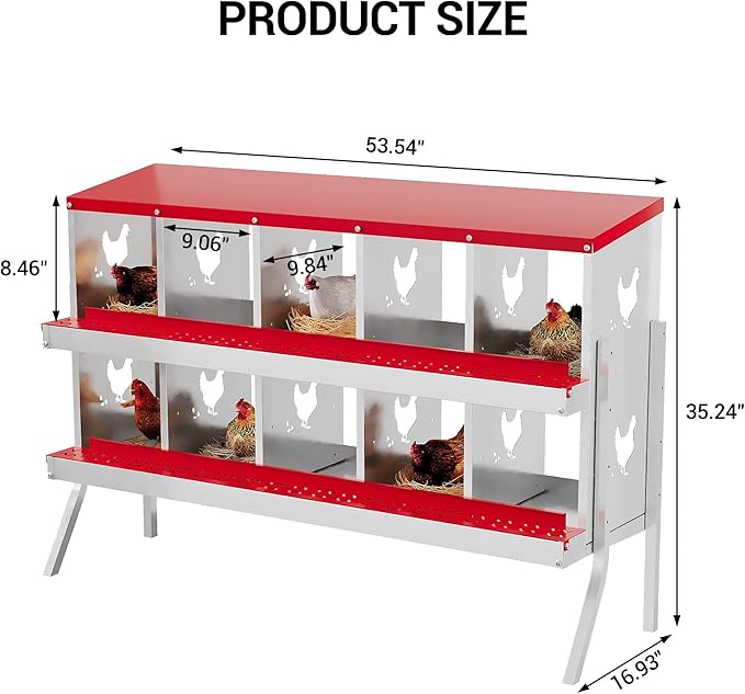 10 Hole Chicken Nesting Box, Galvanized Steel Nesting Boxes with Vented Design, Laying Nesting Boxes for Hens, Wall Mount, Red with Stand