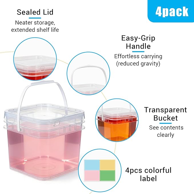 Food Storage Buckets with Lids - 4 Set Square Clear Plastic Containers, Airtight Pressure Seal & Handle for Kitchen Freezer Prep (Clear, 0.8 gal)