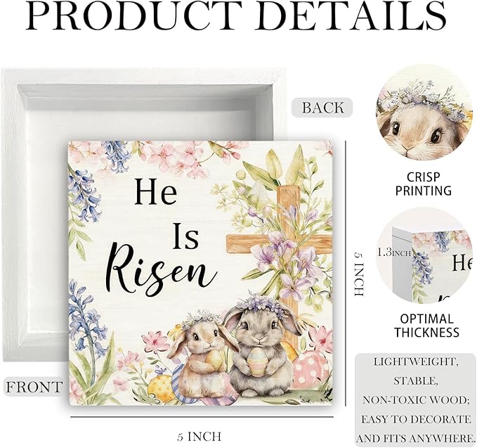 Easter Christian Bunny Wooden Box Sign Desk Decor, He Is Risen Easter Decor, Spring Floral Religious Cross Rabbit Wood Signs for Home Office Table Shelf Decorations, 5x5 Inch