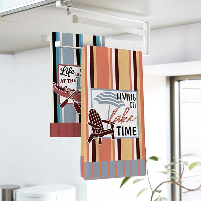 Life is Better at The Lake Kitchen Dish Towels Set of 2, Lakehouse Boat Chair Cabin Drying Hand Towel Baking Cooking Cloth, Farmhouse Stripes Bathroom Home Decoration 18'' x 26''