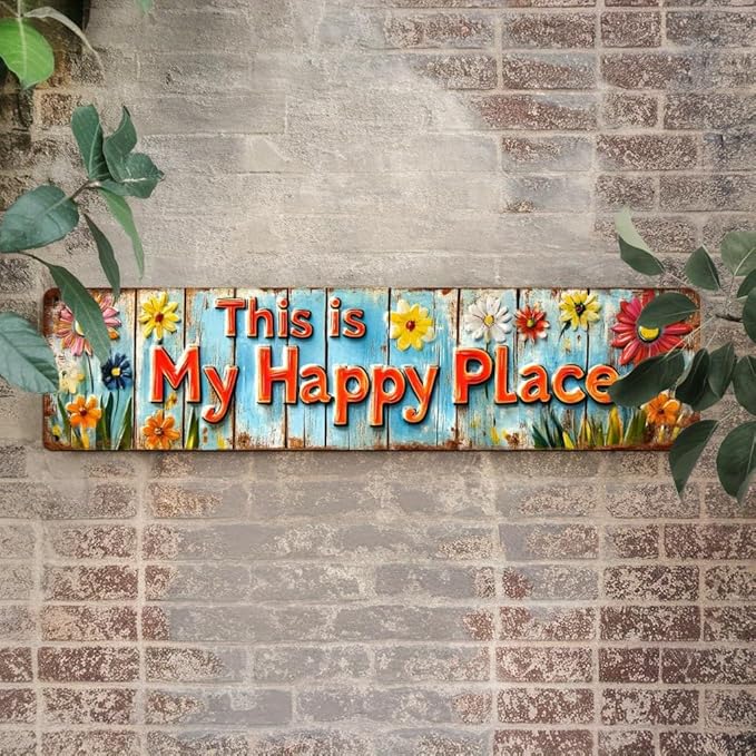 This is My Happy Place Metal Tin Sign Rustic Floral Wall Decor for Farmhouse Kitchen Living Room Bedroom Entryway 4x16 Inch