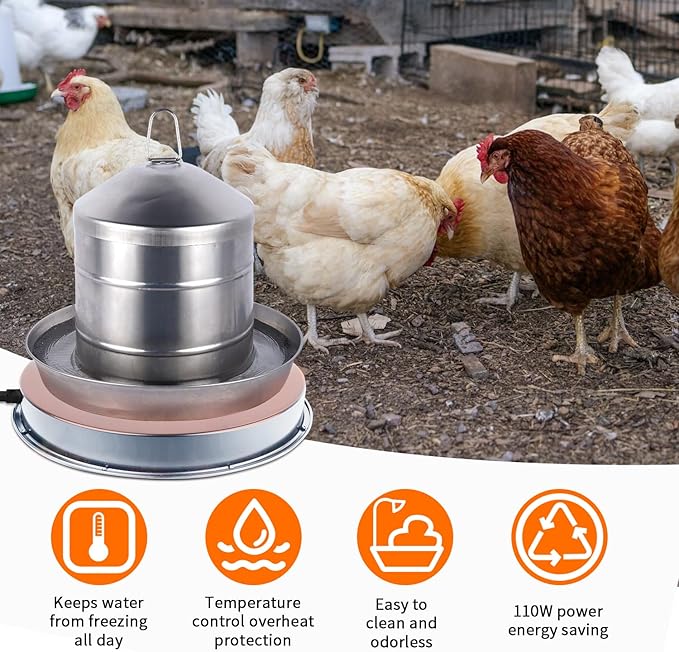 Chicken Water Heater for Winter, 110Watt Thermostat Heated Poultry Waterer Base with 9.8ft Power Cord，Suitable for Plastic/Metal Poultry Waterer (Silver, 11INCH-1PACK)