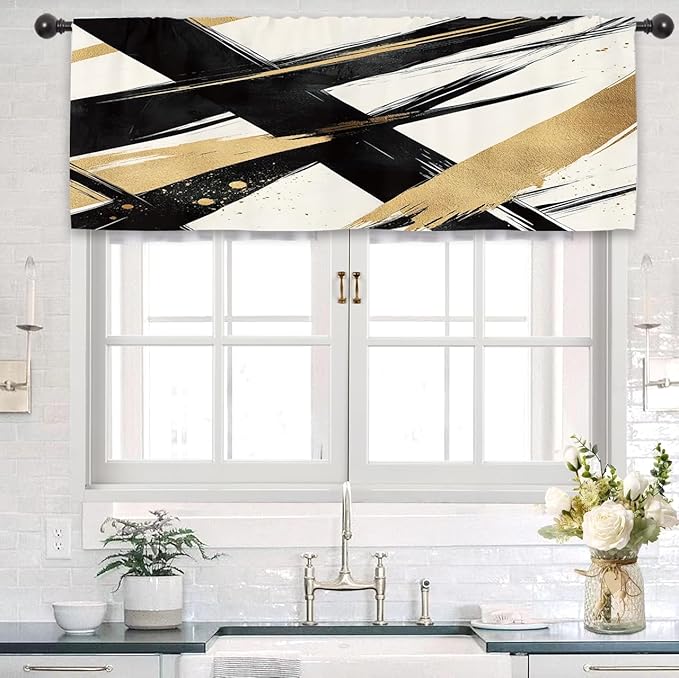 Modern Black Gold Kitchen Curtain Valance 54W x 18L Inch Contemporary Minimalist Line Art Rod Pocket Short Cafe Small Window Treatment Drapes Decor