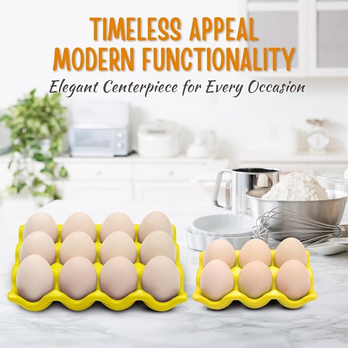 Flexzion 12 + 6 Cups Ceramic Egg Holder for Fridge - 18 Porcelain Egg Tray Container Keeper Storage Organizer Decorative Serving Stand Serveware for Refrigerator Countertop Display Kitchen (Yellow)