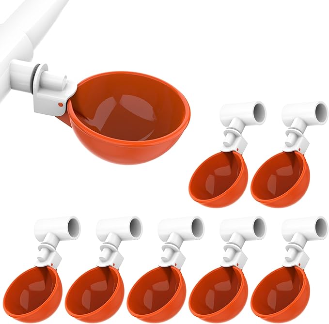 Lil'Clucker Large Automatic Chicken Waterer Cups with 1/2" PVC Tee Fittings - Chicken Water Cups, Chicken Water Feeder, for Chicks, Duck, Goose, Turkey - Poultry Waterer Feeder Kit (Orange, 8-Pack)