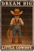 DecoMyth Vintage Boy Tin Sign Dream Big Little Cowboy Retro Wall Decor Garden Plaque Funny Metal Poster Kitchen Store Cafe Toilet Bathroom Bar Pubs Boys room Living Room Bedroom 12 * 8inch