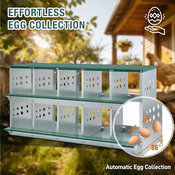10 Compartment Metal Chicken Nesting Box, Roll Out Hen Laying Box for Easy Egg Collection, Wall Mount Poultry Nest Box for Backyard Chickens, Green, 53" L x 16" W x 26.30" H