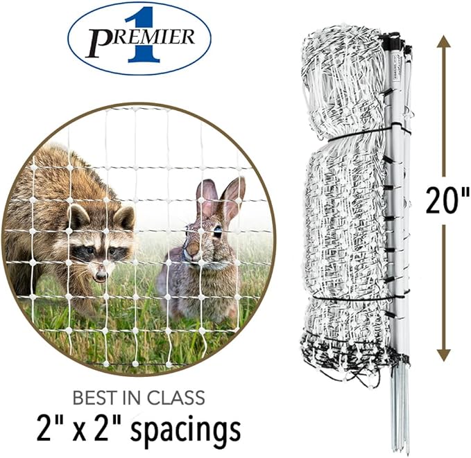 Premier 1 VersaNet® Plus, 20" H x 50'L Portable Electric Garden Net Fence with Built-in Posts | 2" x 2" Strand Spacing at Bottom to Keep Rabbits, Raccoons & Varmints Out of Gardens | White/Black