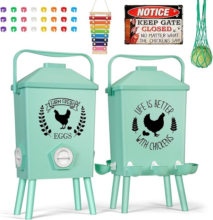 Tgeyd Automatic Chicken Feeder and Waterer Set(4.2Gal/21Lb) with Stand Legs, Anti-Perching Roof, Gravity-Fed System for Poultry,Chicken Coop Accessories