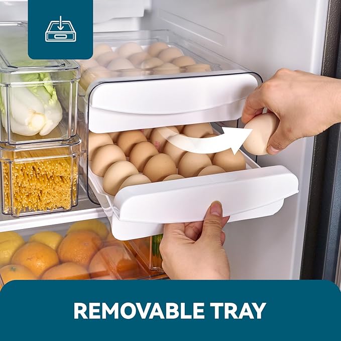 Egg Container Holders Dispenser for Refrigerator 40 Eggs, 2 Tier Clear Stackable Holder Tray with Drawer for Fridge, Storage Container with Handles for Refrigerator, Countertop