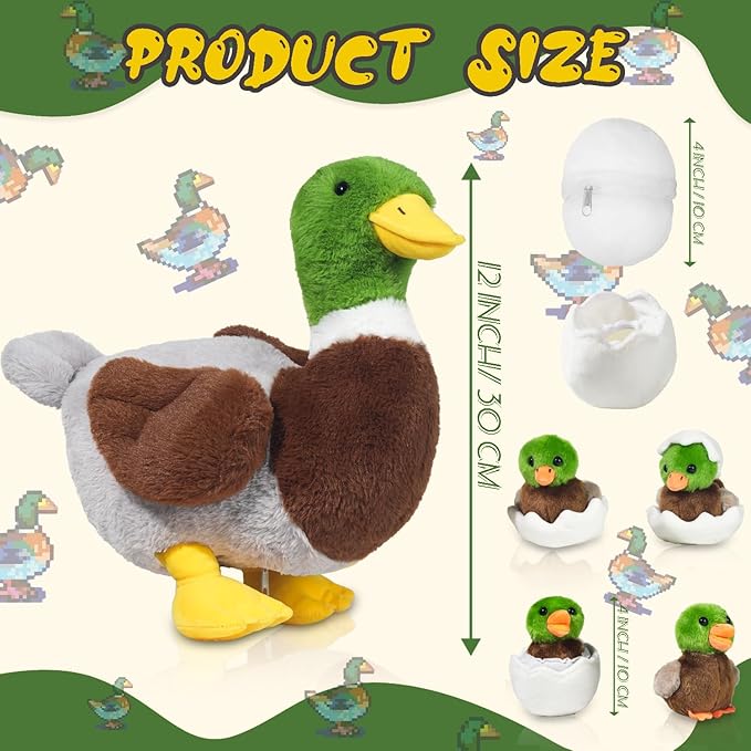 7 in 1 Mallard Duck Stuffed Animals Duck Plush Toys, 12" Zipper Mommy Stuffed Duck with 4 Baby Ducks Ducklings Eggs Green Duck Plushies Pillow for Kids Birthday Easter Stuffers Gifts Farm Party Decor