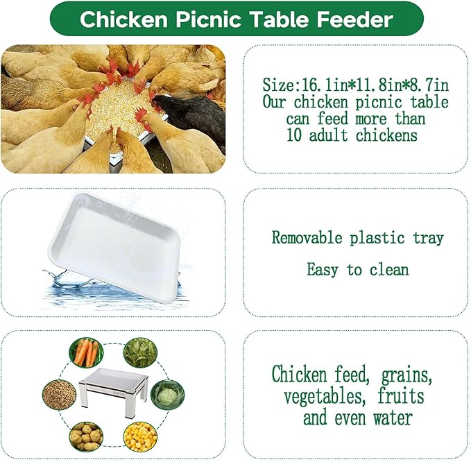 Large Chicken Picnic Table Feeder No Waste with Removable Plastic Tray,Chicken Coop Accessories Must Haves,Poultry Feeder,Chicken Food Dispenser