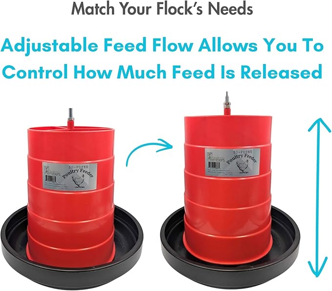 30 lb Poultry Feeder with Adjustable Flow Control, Anti-Scratch Lip to Reduce Waste, Metal Hanging Rod - Large Capacity Chicken Feeder for Backyard Flocks, Weather-Resistant