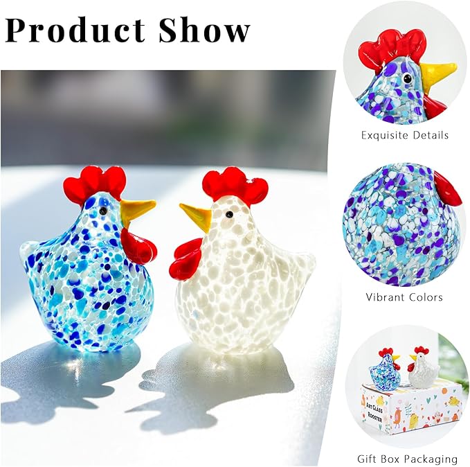H&D HYALINE & DORA Blown Glass Chicken Figurines Set of 2 Handmade Art Glass Rooster Figurine Crystal Animal Figurine Collectible for Home Decoration Ornament