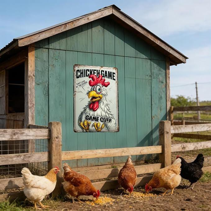Funny Chicken Game Tin Sign Plaque Metal Poster Home Kitchen Garden Restaurant Farm Wall Decor 16x12 Inch