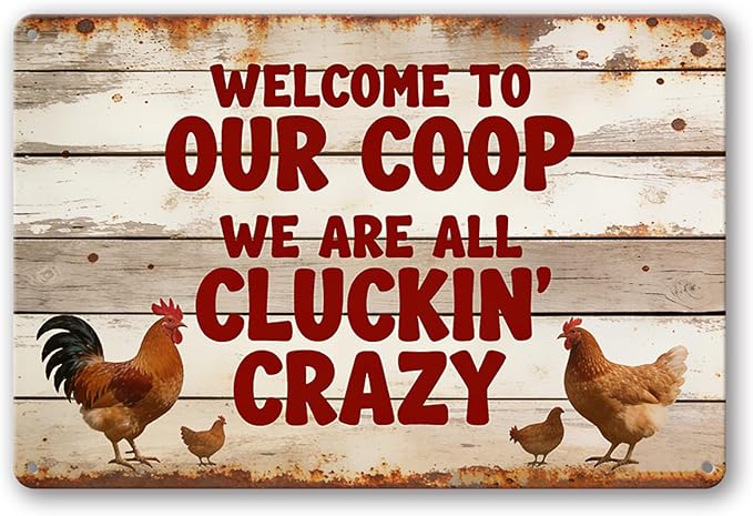 Funny Chicken Metal Sign Outdoor, Aluminum Farmhouse Wall Decor for Coop Door or Yard Area, Fluffy Humor Country Living Style, Rustic 8x12 Inch Gift