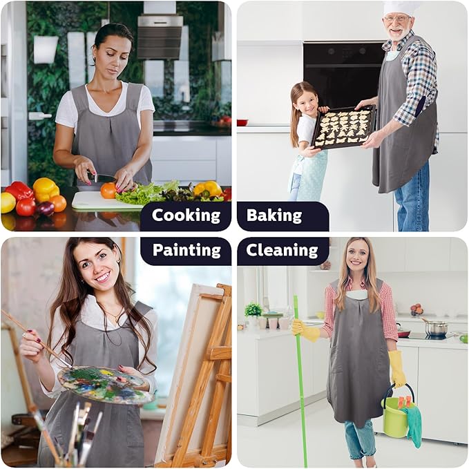 JaGely 2 Pack Japanese Linen Cross Back Kitchen Cooking Aprons for Women Men with 2 Pockets Cute Gardening Dress