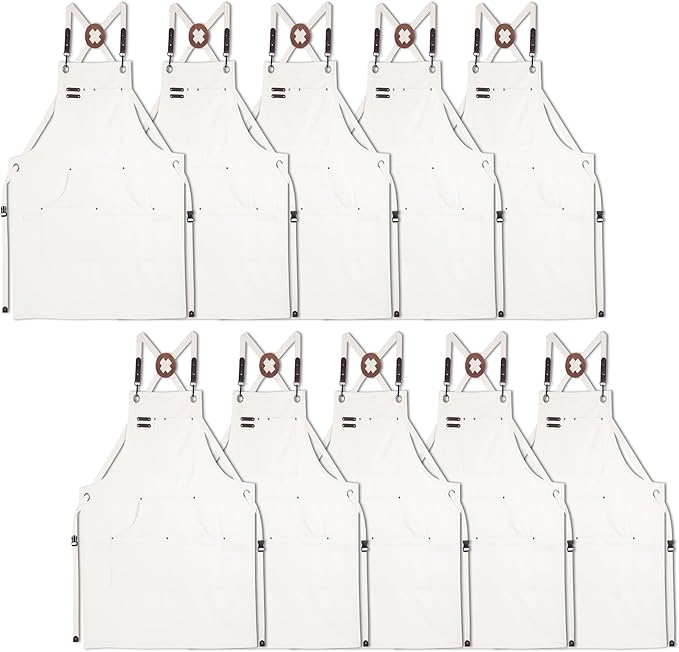 10 Pack Kitchen Aprons, Work Apron, Canvas, Multiple Pockets, Gardening, Painting, BBQ, Artist, Carpenter, Sizes M to XXL, White
