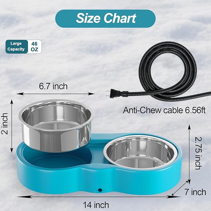 Heated Water Bowl, Double Stainless Steel Heated Dog Bowl for Outdoor Use, 46 OZ Total & Chew Proof Cord, Winter Warm Water & Food Bowl for Pets Bird Chicken UL Certified