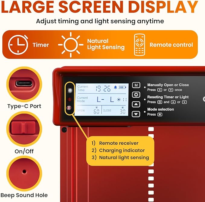 Okkobi Automatic Chicken Coop Door Solar Powered - LCD Display - Chicken Coop Door with Remote Control, Light Sensor & Timer - Security & Peace of Mind: Anti-Pinch Function - 5-Year Protection - Red