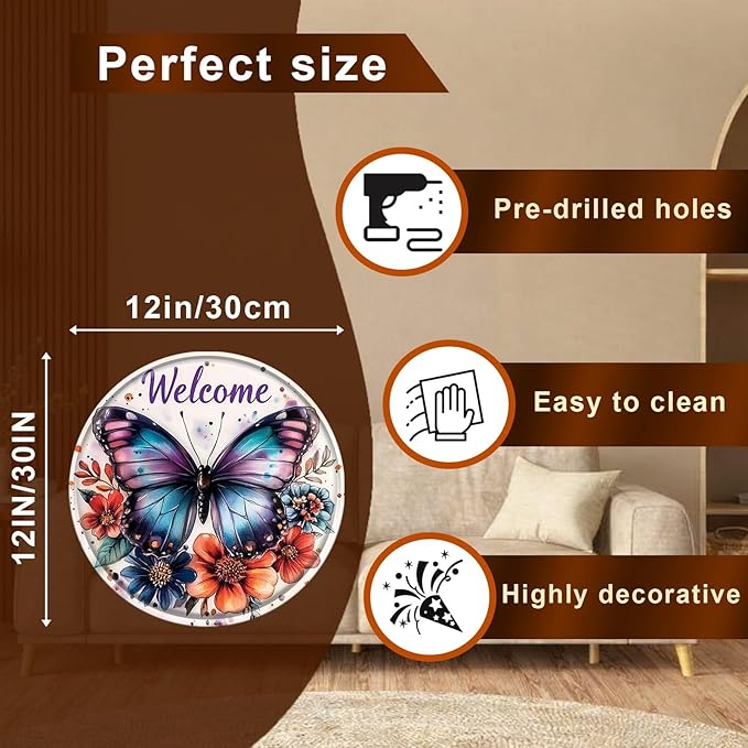 Welcome Butterfly Round Metal Tin Sign Wreath Spring Vintage Wall Decor for Front Door Home Porch Entryway 12x12inch