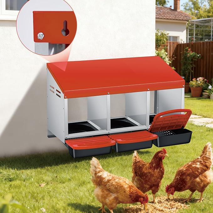 Garvee Chicken Nesting Boxes, 3 Hole Roll-Away Nesting Boxes for Chickens Coop with Perch, Hens, Ducks & Other Poultry,Egg Laying Box with Lid Cover to Protect Eggs,Easy to Assemble