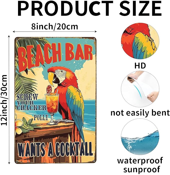 Vintage Metal Sign Beach Bar Screw Your Cracker Polly Wants A Cocktail Parrot Tin Sign Funny Walll Decor for Bar Kitchen Pubs Cafe Home Garage 12×8 Inch