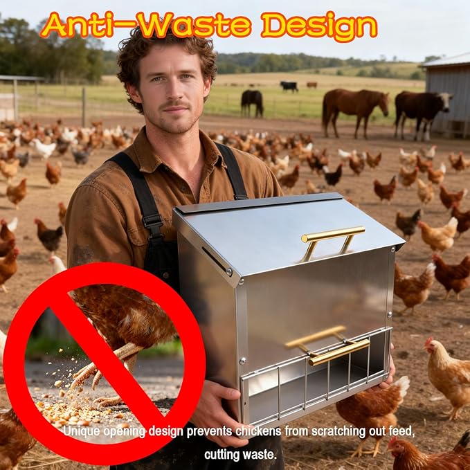 Stainless Steel Poultry Feeder 20Lbs - Manual Feed Quantity Control & Wall Mount Gravity Feeder with Push Pull Lid - Food Dispenser for Chickens Ducks Geese