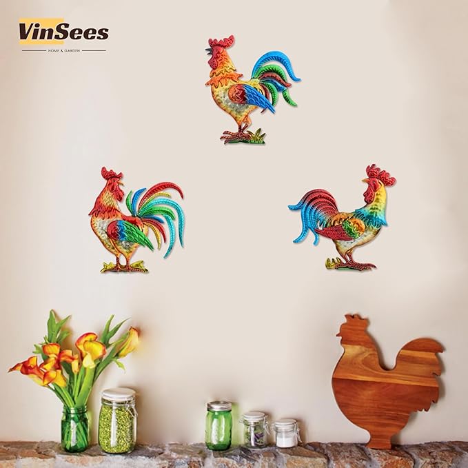 VinSees Metal Rooster Wall Art Decor, Chicken Gifts for Women, Mom, Grandma, Wife; 3D Rooster Wall Sculpture Set of 3 for Kitchen