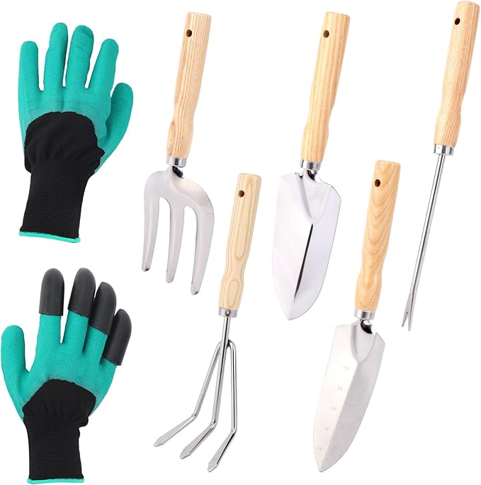 Heavy Duty Garden Tool Set, Gardening Hand Tools with Wooden Handle Stainless Steel Material Latex Gloves Gardening Gifts for Garden Enthusiasts