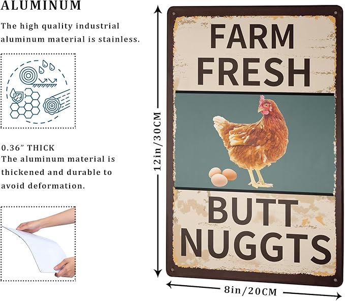 Vintage Metal Tin Sign Chicken Coop Signs for Farm Fresh Butt Nuggets Sign Funny Chicken Egg Sale Outdoor Decorative Wall Art Signage Rustic Primitive Farmhouse Country Yard Market Decor 8”x12”
