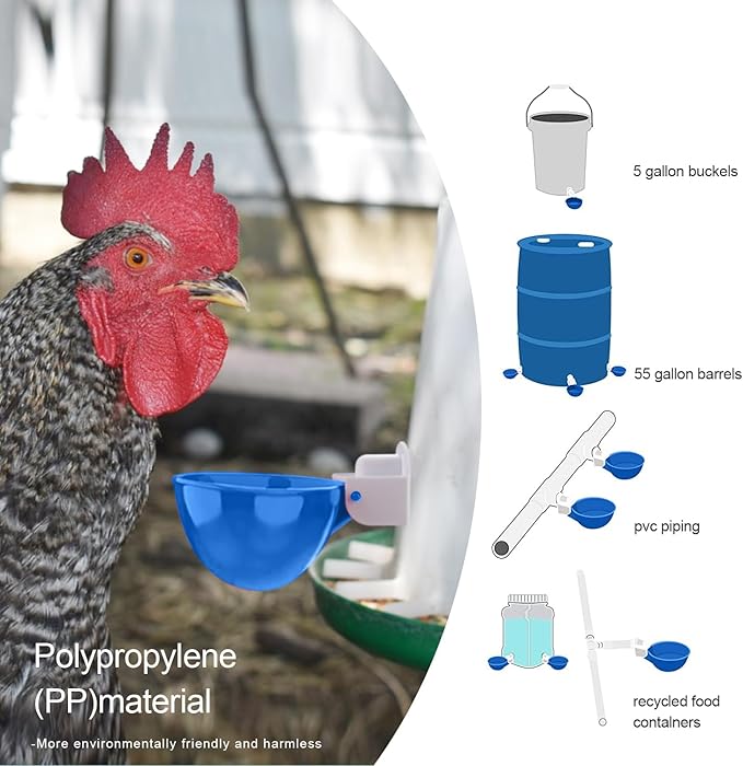 Professional Chicken Waterer Cups, 8 Packs Blue Large Chicken Water Feeder, Tee Fittings Poultry Waterer Suitable for Duck, Chicks, Goose, Turkey, Bunny and Bird with Mounting Hole Opener