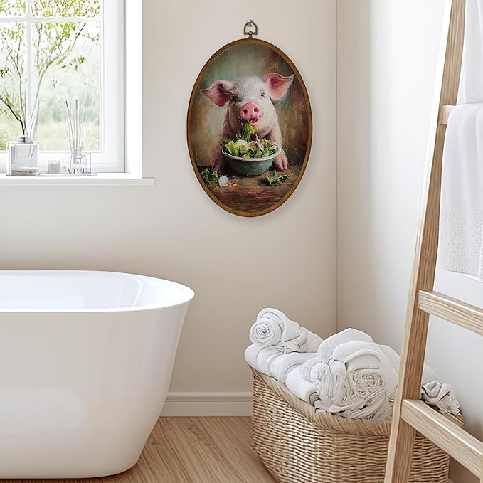WULQYING Funny Pig Kitchen Wall Art Decor, Rustic Farmhouse Pig Oval Framed Canvas Art Prints, Country Farm Animal Wall Hanging Decor for Home Kitchen Dining Room, 8.6x11.4 Inches