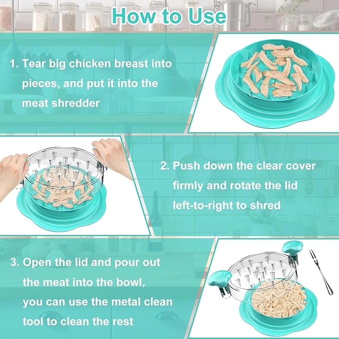 Chicken Shredder Tool Twist Large – Visible Meat Shredder for Chicken Breast with Cleaning Brush & Tong, BPA-Free Non-Slip Base, Ergonomic Handle, Heat Resistant & Dishwasher Safe (Blue)