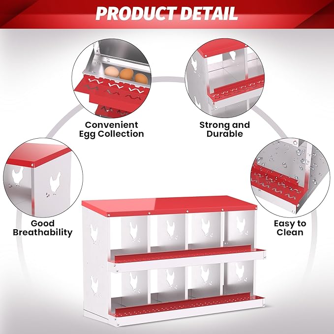 Chicken Nesting Boxes, 8-Compartment Metal Egg Laying Box with Swing Perch and Secure Lid – Versatile Wall Mount or Free Standing Suitable for Various Chicken Breeds -red