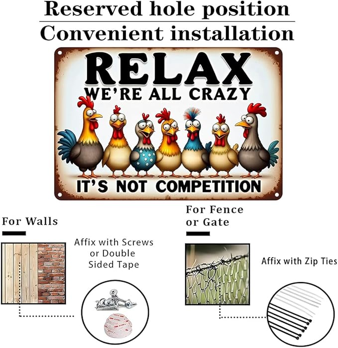 FunnySign Chicken Gifts Rooster Décor Relax We're All Crazy It's Not Competition Rustic Tin Sign For Home Farm Chicken Coop Decor 8x12 Inch (9709)