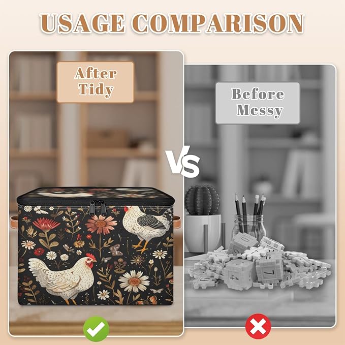 Farmhouse Chicken Storage Bins with Lids, Boho Wildflower Fabric Storage Boxes with Zipper, Collapsible Decorative Closet Organizer Cube for Clothes, Toys, Organizing, Shelves