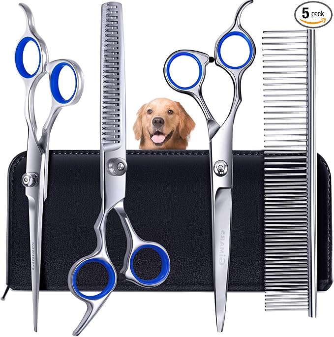 Gimars Professional 5 in 1 Grooming Scissors for Dogs 4CR, Heavy Duty Titanium Coated Straight, Thinning Shears and Comb