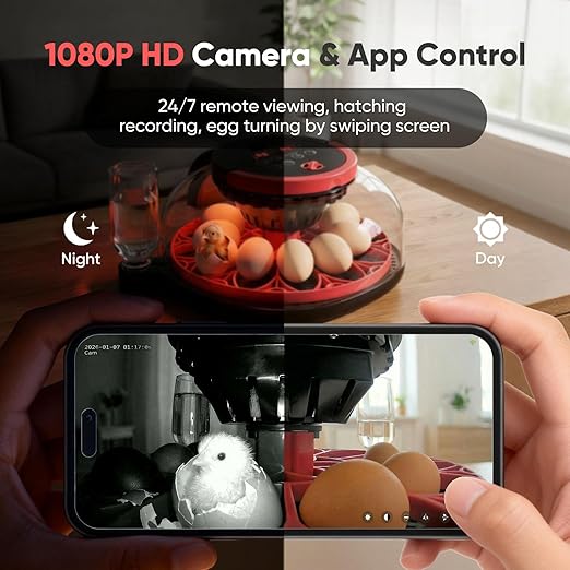Incubators for Hatching Eggs, 12 Egg Smart Incubator with 1080P Camera & App Control, One-Click Incubation for Chicken Quail Duck, Auto Egg Turner, External Water Refill, Egg Candler