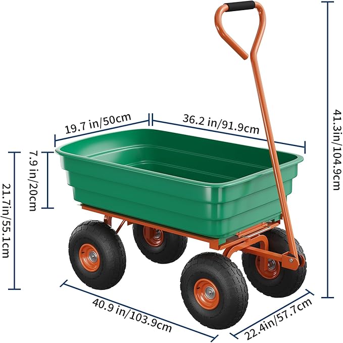 Heavy Duty Garden Dump Cart 1200 lbs, 125L Utility Wagon with 180° Adjustable Handle, Quick Release, 10" All-Terrain Tires for Yard, Lawn, Landscaping – Green + Orange | 1200 lbs. load capacity | 125L