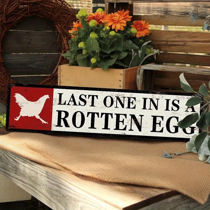 Last One In Is a Rotten Egg Metal Tin Sign Farmhouse Rustic Wall Decor for Kitchen Farmhouse Entryway Living Room Home 4x16 Inch