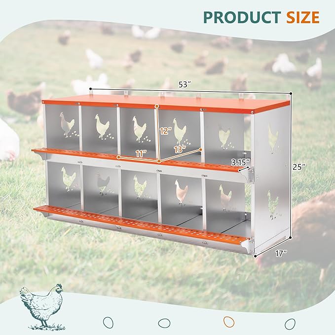 Chicken Nesting Boxes for Laying Eggs with Soft Chicken Nesting Pads &Vented Holes Wall Mountable Laying Boxes with Roll Away Egg Collection Easy to Clean and Install Orange (10 Compartment)