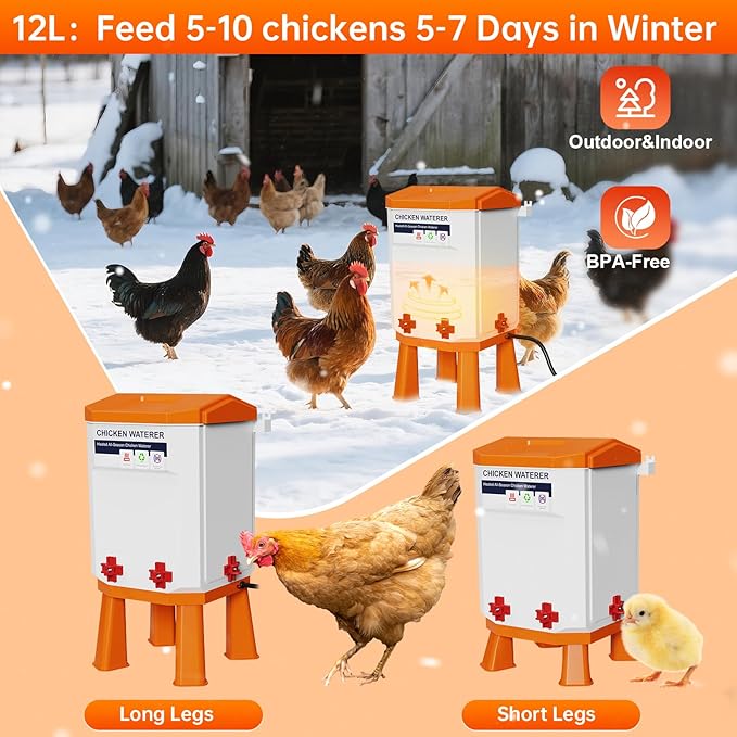 Heated Chicken Waterer, Thermostatically Controlled Poultry Water Heater for Winter, 4 Horizontal Nipples and 8 Support Legs, Anti-Freezing Watering System for Coop Accessories (Orange, 3.2Gallon)