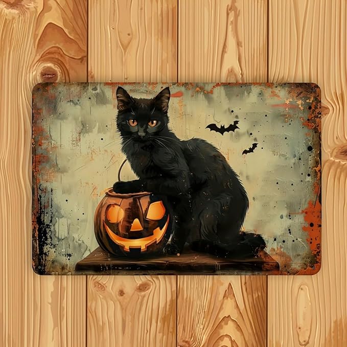 Vintage Black Cat & Pumpkin Metal Tin Sign - Durable 12x8 Inch Iron Wall Art with Easy Hanging for Home, Garage Decor - Rust-Resistant, Weatherproof, and Long-Lasting Halloween Decoration