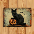 Vintage Black Cat & Pumpkin Metal Tin Sign - Durable 12x8 Inch Iron Wall Art with Easy Hanging for Home, Garage Decor - Rust-Resistant, Weatherproof, and Long-Lasting Halloween Decoration
