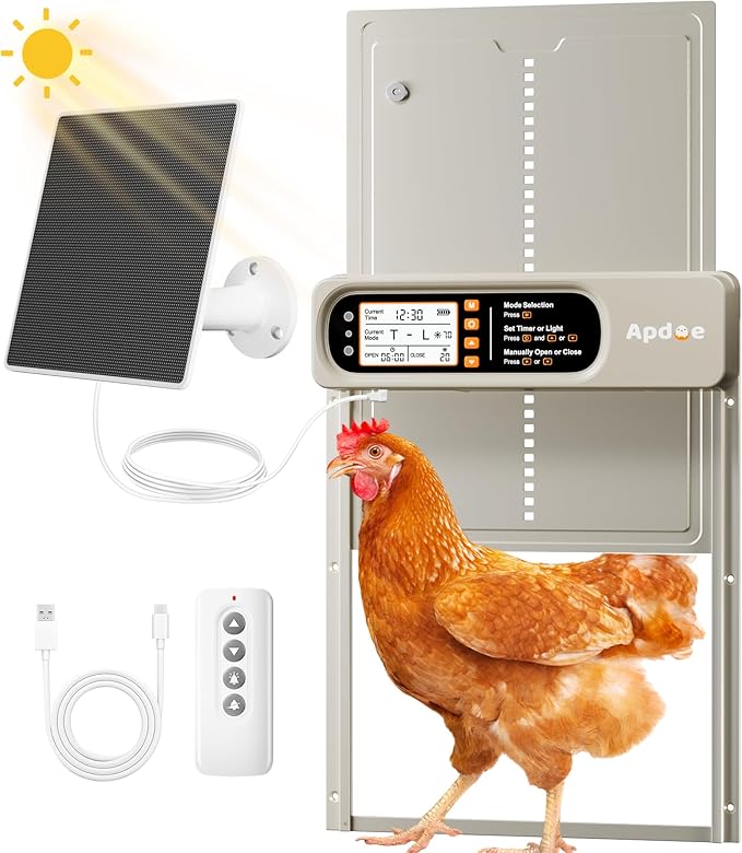 Automatic Chicken Coop Door Solar Powered with Timer, Light Sensor, Remote Control, Anti-Pinch, Waterproof, Aluminum Coop Door, 4 Auto Modes, Comfort Larger Size Duck Chicken Turkey House Door
