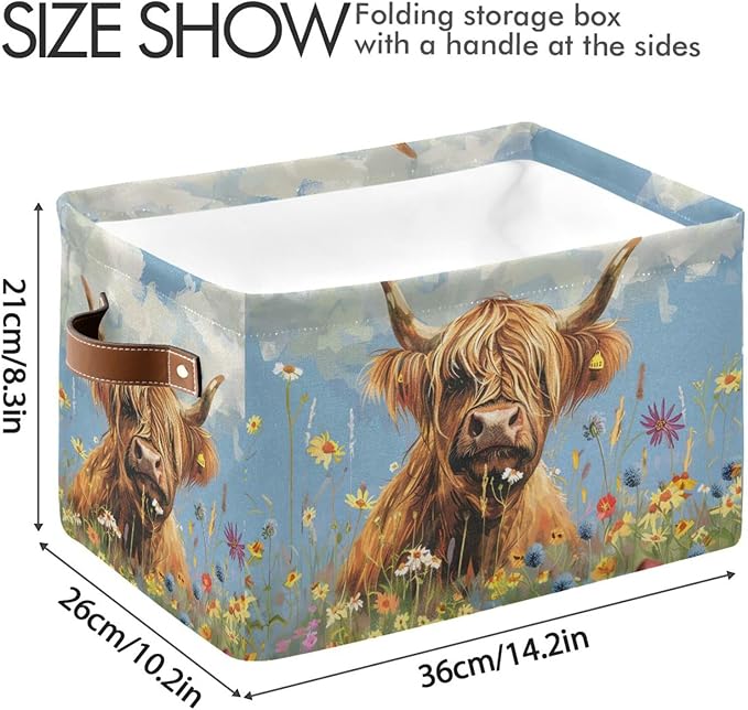 JIPONI Wild Highland Cow Fabric Storage Bins for Shelves, Decorative Storage baskets for organizing, Closet Organizer with Handle for Cloth, Toys, Bedrooms, Farmhouse