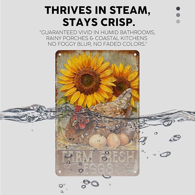 Farm Fresh Eggs Tin Sign Vintage Chicken Hen Rooster Sunflower Metal Sign Nostalgic Rustic Chicken Lovers Wall Decor Decorations for Home Farmhouse Poultry House Coop Yard Kitchen 12 * 8In